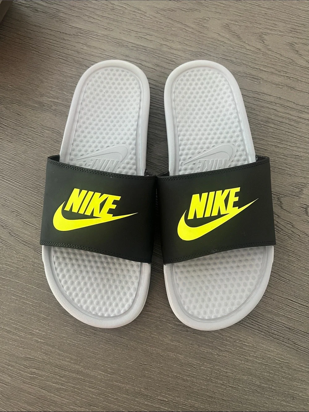 Nike Black Slides with Neon Yellow Logo